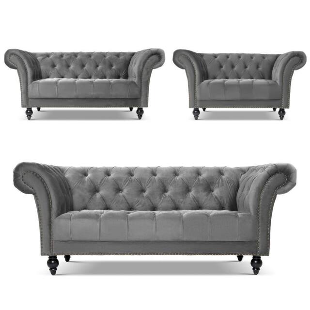 Bravich LTD Chesterfield Rolled Arm Velvet Sofa Buttoned Back Living Room Settee in Grey - Size: 1 Seater - image 1