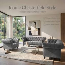 Bravich LTD Chesterfield Rolled Arm Velvet Sofa Buttoned Back Living Room Settee in Grey - Size: 1 Seater - thumbnail 2