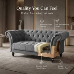 Bravich LTD Chesterfield Rolled Arm Velvet Sofa Buttoned Back Living Room Settee in Grey - Size: 1 Seater - thumbnail 4
