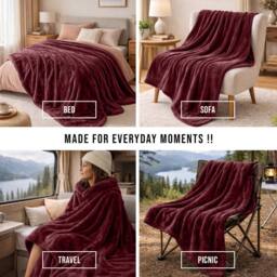 Pamposh Extra Large Flannel Fleece Blanket in Burgundy - Size: Medium - thumbnail 8