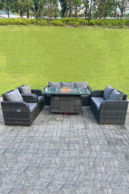 Fimous Rattan Outdoor Gas Fire Pit Table Sets Gas Heater Lounge Love Sofa Reclining Chairs in Dark Grey - image 1