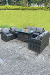 Fimous Rattan Outdoor Gas Fire Pit Table Sets Gas Heater Lounge Love Sofa Reclining Chairs in Dark Grey - thumbnail 2