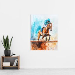 "Artery8 Horse Jockey Jump Hurdles Obstacle Watercolour Wall Art Print in Blue - Size: W24"" x H32""" - thumbnail 4