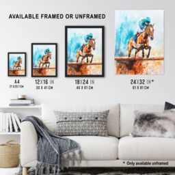 "Artery8 Horse Jockey Jump Hurdles Obstacle Watercolour Wall Art Print in Blue - Size: W24"" x H32""" - thumbnail 3