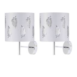 First Choice Lighting Set of 2 Brea - Chrome Wall Lights with White Fern Shades in Silver