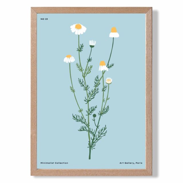 ARTZE Blue Daisies Flower Market Minimalist Framed Print SIZE: A4 with Oak Frame in Mid Blue - image 1