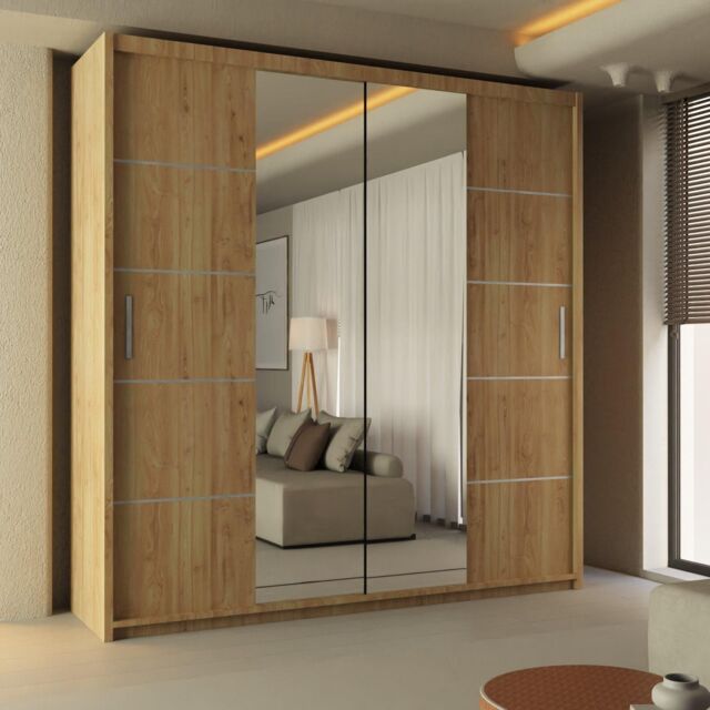 Sliding Wardrobes 4U Ribon Sliding Mirror Door Wardrobe 120cm X 217cm in Light Oak - Size: 120 cm X 217 cm