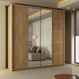 Sliding Wardrobes 4U Ribon Sliding Mirror Door Wardrobe 120cm X 217cm in Light Oak - Size: 120 cm X 217 cm
