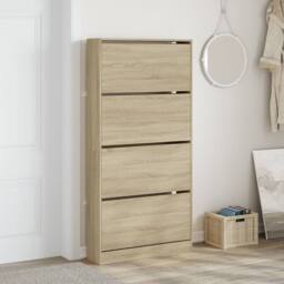 Berkfield Home Shoe Cabinet with 4 Flip-Drawers Sonoma Oak 80x21x163.5 cm in Light Tan - thumbnail 1