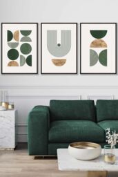 ARTZE Mid Century Geometric in Green & Gold Framed Wall Art - Large in Black - Size: W53 cm x H73 cm x D20mm