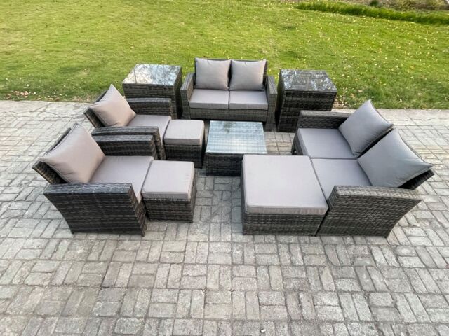 Fimous Outdoor Garden Furniture Sets 10 Pieces Wicker Rattan Furniture Manual Wicker Patio Sofa Set with 3 Footstools in Dark Grey