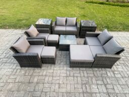Fimous Outdoor Garden Furniture Sets 10 Pieces Wicker Rattan Furniture Manual Wicker Patio Sofa Set with 3 Footstools in Dark Grey - thumbnail 1