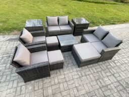 Fimous Outdoor Garden Furniture Sets 10 Pieces Wicker Rattan Furniture Manual Wicker Patio Sofa Set with 3 Footstools in Dark Grey - thumbnail 2