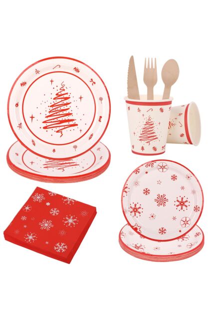 Neel Blue Christmas 112pcs Disposable Tableware Set Xmas Themed Dinnerware set in Red - image 1