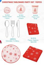 Neel Blue Christmas 112pcs Disposable Tableware Set Xmas Themed Dinnerware set in Red - thumbnail 3