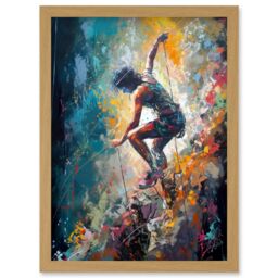 Artery8 Rock Climber Multicoloured Mountain Cliff Descent Artwork Framed Wall Art Print A4 in Light Oak - thumbnail 1