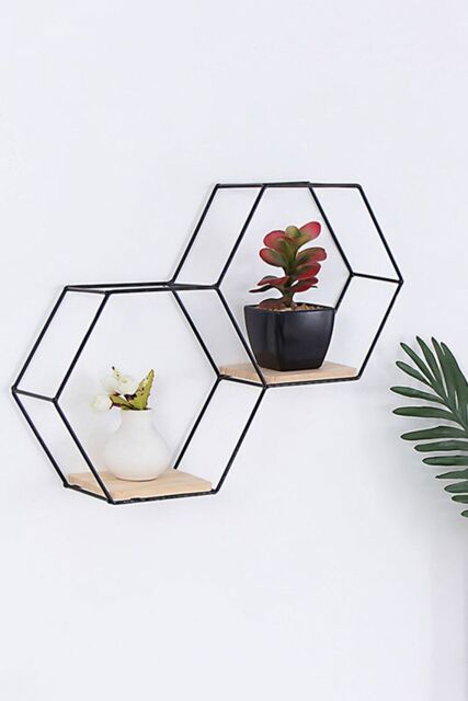 Living and Home Modern Classic Stable Hexagon Wall Shelf Display Shelf Plant Stand with Iron Frame in Black - image 1