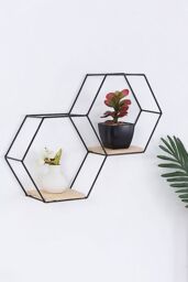 Living and Home Modern Classic Stable Hexagon Wall Shelf Display Shelf Plant Stand with Iron Frame in Black - thumbnail 1