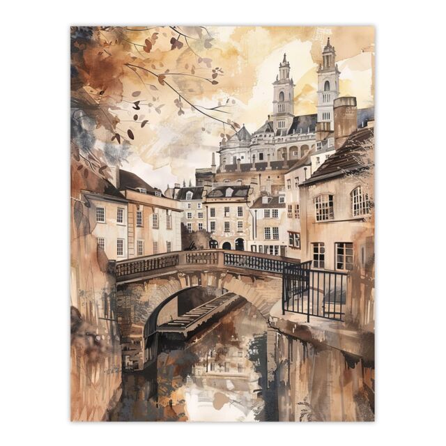 "Artery8 Bath England Historic Canal England Watercolour Wall Art Print in Beige - Size: W24"" x H32""" - image 1