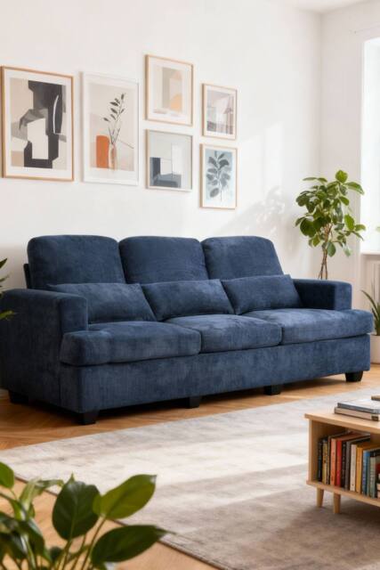 Living and Home 3-Seater Chenille Upholstered Sofa with Pillows in Blue - image 1
