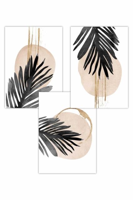 ARTZE Set of 3 Abstract Watercolour Black Palm Leaves Art Posters - Size: W50 cm x H70 cm - image 1