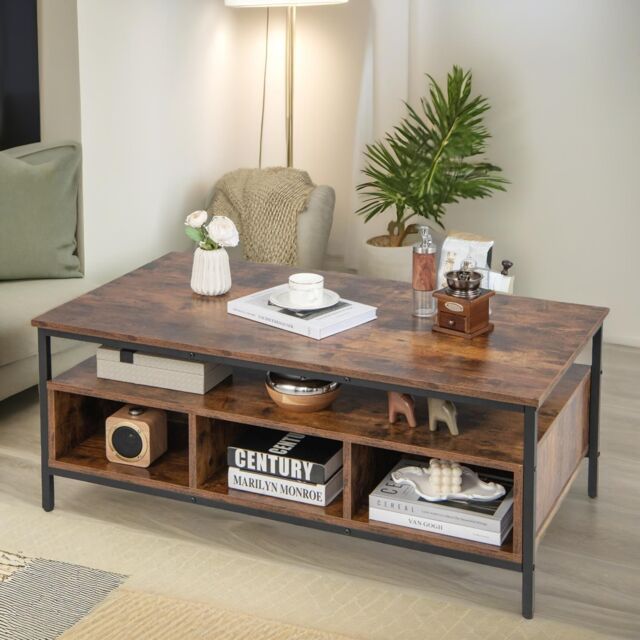 Pirlo Plush Industrial Wooden Coffee Table With Storage Shelves in Brown - image 1