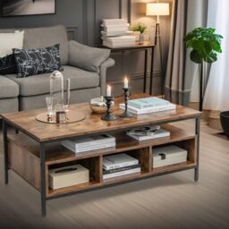 Pirlo Plush Industrial Wooden Coffee Table With Storage Shelves in Brown - thumbnail 3