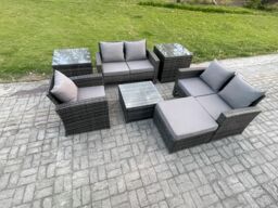 Fimous Outdoor Rattan Garden Furniture Set Conservatory Patio Sofa Coffee Table Set with Chair 2 Side Tables Big Footstool Dark Grey Mixed - thumbnail 2