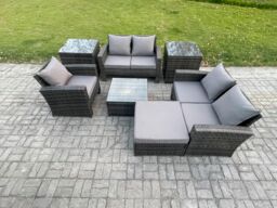Fimous Outdoor Rattan Garden Furniture Set Conservatory Patio Sofa Coffee Table Set with Chair 2 Side Tables Big Footstool Dark Grey Mixed - thumbnail 1