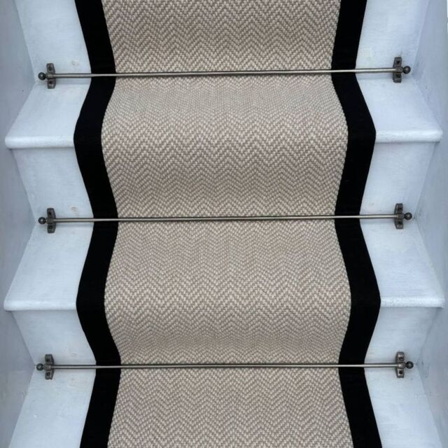 RainbowHome Herringbone Chalk Beige Wool Stair Runner With 100% Black Cotton Border - Size: 70 cm x 700 cm - image 1