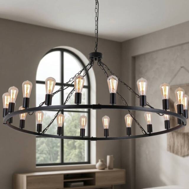 NIVOR 20-Light Waggon Wheel Kitchen Chandelier Black Adjustable Pendant E27 - image 1