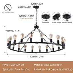 NIVOR 20-Light Waggon Wheel Kitchen Chandelier Black Adjustable Pendant E27 - thumbnail 2