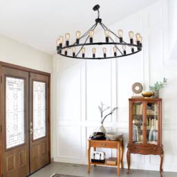 NIVOR 20-Light Waggon Wheel Kitchen Chandelier Black Adjustable Pendant E27 - thumbnail 4