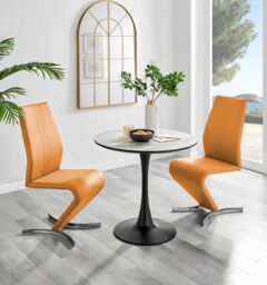 FurnitureboxUK Elina White Marble Effect Scratch Resistant Dining Table & 2 Willow Faux Leather Chairs in Mustard
