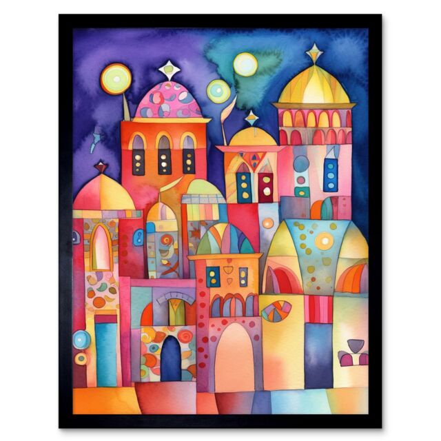 "Artery8 Wall Art Print Brightly Decorated Buildings At Night Folk Art Watercolour Painting Art Framed in Black - Size: W12"" x H16""" - image 1