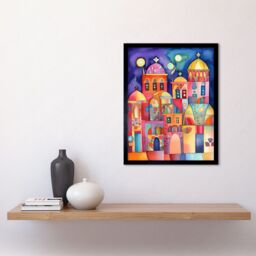 "Artery8 Wall Art Print Brightly Decorated Buildings At Night Folk Art Watercolour Painting Art Framed in Black - Size: W12"" x H16""" - thumbnail 2