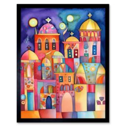 "Artery8 Wall Art Print Brightly Decorated Buildings At Night Folk Art Watercolour Painting Art Framed in Black - Size: W12"" x H16""" - thumbnail 1
