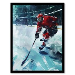 Artery8 Ice Hockey Player in Game Oil Painting Stadium Framed Art Print in Blue - Size: A4 - thumbnail 1