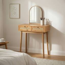 CALICOSY Dressing Table With Mirror & 2 Drawers With Rattan Fronts, 80 Cm in Light Brown - thumbnail 2