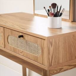 CALICOSY Dressing Table With Mirror & 2 Drawers With Rattan Fronts, 80 Cm in Light Brown - thumbnail 4