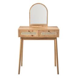 CALICOSY Dressing Table With Mirror & 2 Drawers With Rattan Fronts, 80 Cm in Light Brown - thumbnail 1