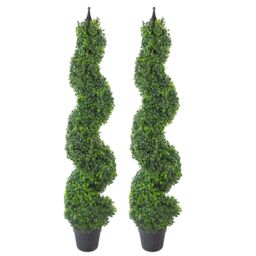 Leaf Pair of 120cm (4ft) Tall Artificial Boxwood Tower Trees Topiary Spiral Metal Top in Green - thumbnail 1