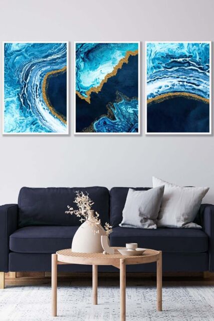 ARTZE Abstract Navy, Blue & Gold Oceans Framed Wall Art - Large in White - Size: W53 cm x H73 cm x D20mm - image 1