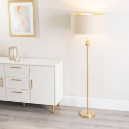 ValueLights Marissa Beige & Metallic Gold Shade Brushed Gold Stacked Floor Lamp & Bulb