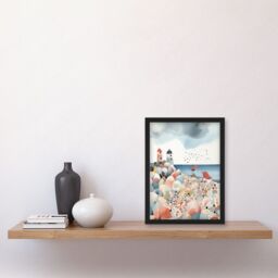 Artery8 Lighthouses On Multicoloured Pebble Beach Watercolour Painting Artwork Framed Wall Art Print A4 in Black - thumbnail 2