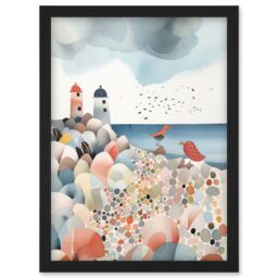Artery8 Lighthouses On Multicoloured Pebble Beach Watercolour Painting Artwork Framed Wall Art Print A4 in Black - thumbnail 1