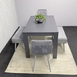 KOSY KOALA Modern Dark Grey Dining Table Set with 2 Grey Velvet Chairs & 2 Grey Benches in Brown - thumbnail 3