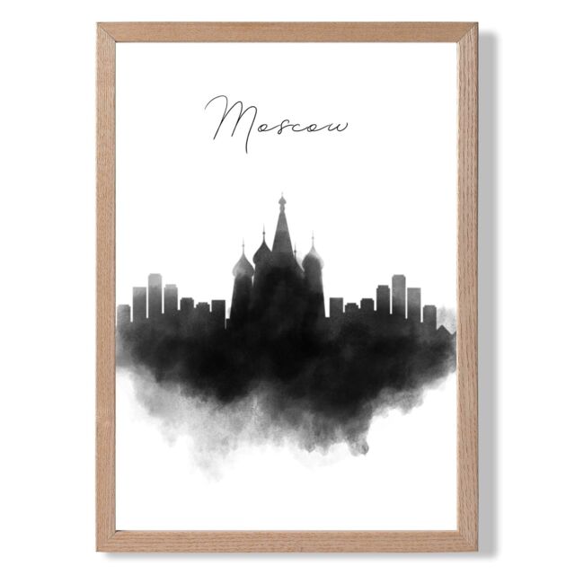ARTZE Moscow Watercolour Skyline City Framed Print SIZE: A2 with Oak Frame in Black - image 1