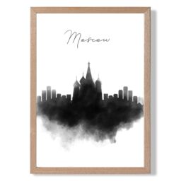 ARTZE Moscow Watercolour Skyline City Framed Print SIZE: A2 with Oak Frame in Black - thumbnail 1