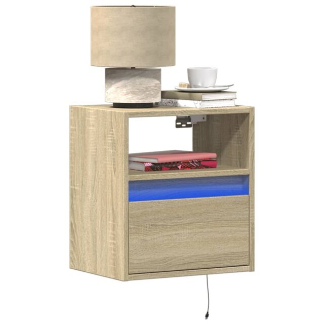 Berkfield Home Wall-mounted Bedside Cabinet with LED Lights Sonoma Oak in Brown - image 1